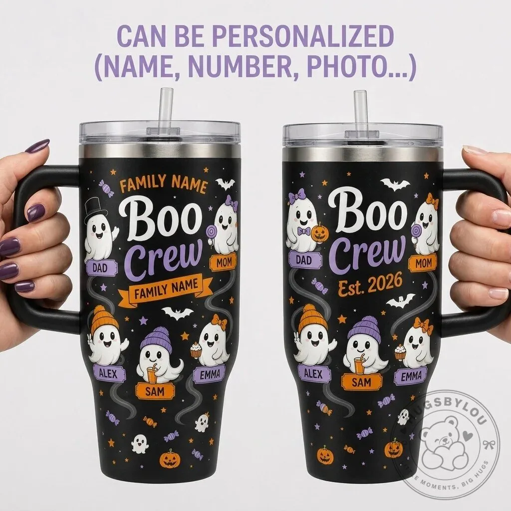 Personalized Boo Crew Halloween Ghost Family Name Tumbler with Handle