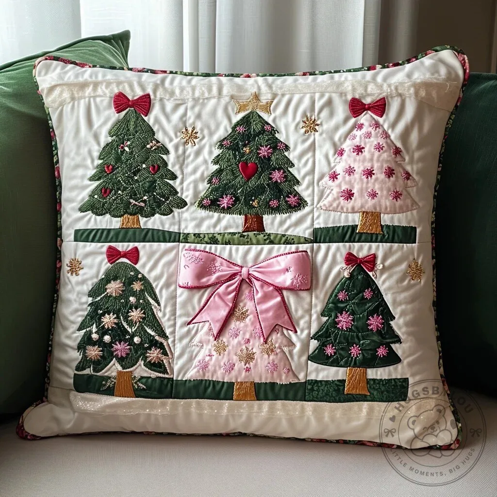 Pink Christmas Tree Quilted Decorative Throw Pillow Cover