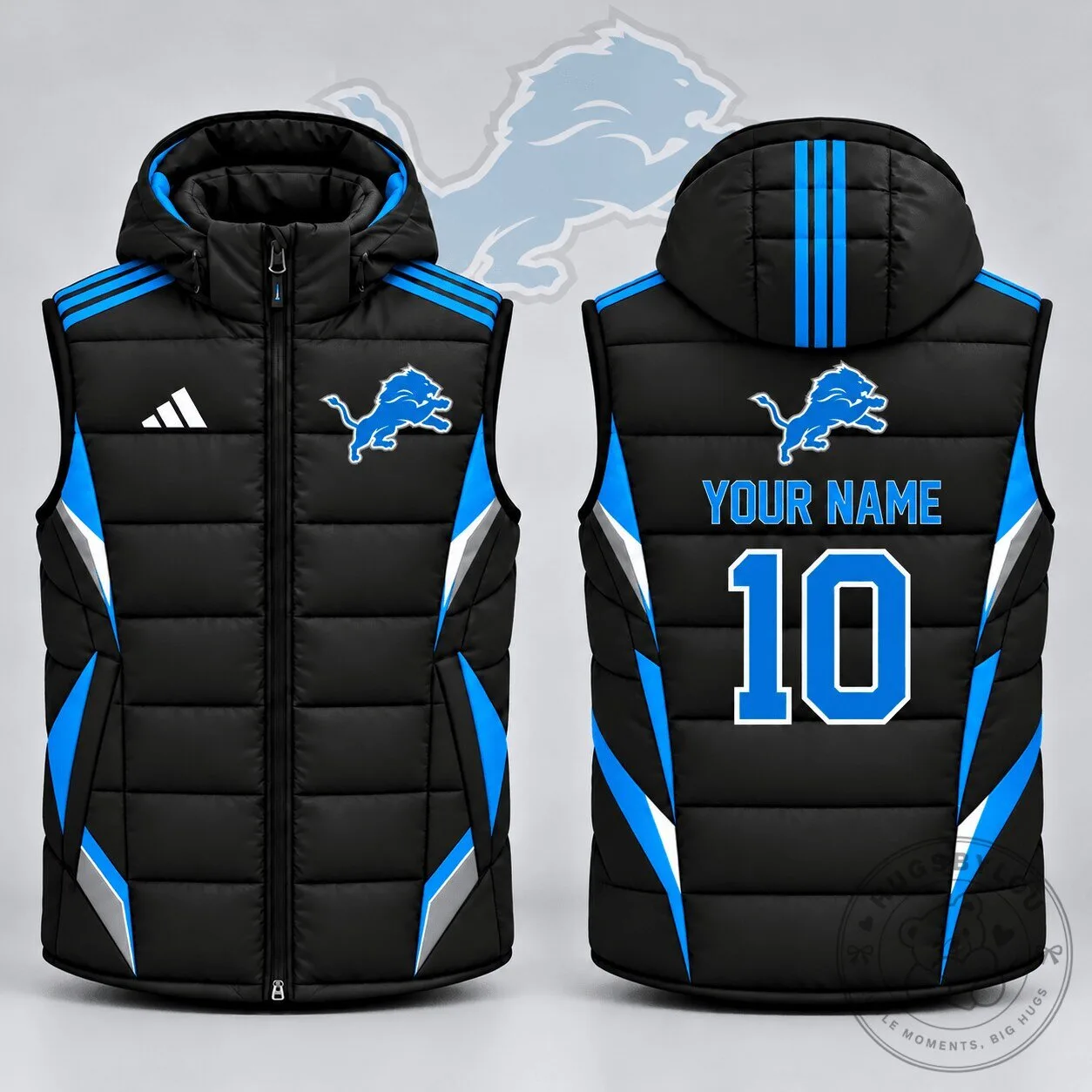 Detroit Lions Custom Name Number Athletic Stripe Hooded Puffer Vest