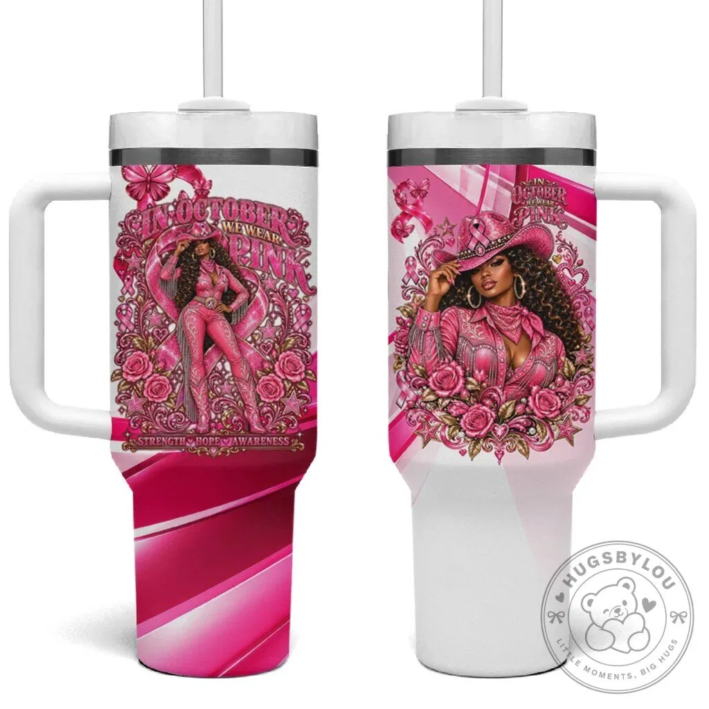 Western Wear Pink Ribbon Breast Cancer Awareness Tumbler with Handle