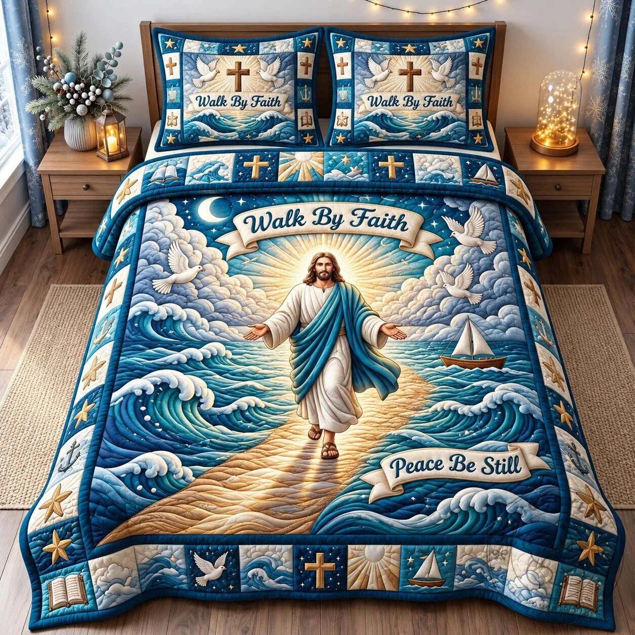 Walk By Faith Peace Be Still Jesus Ocean Christian Religious Quilted Bedding Set 4 Walk By Faith Peace Be Still Jesus Ocean Christian Religious Quilted Bedding Set