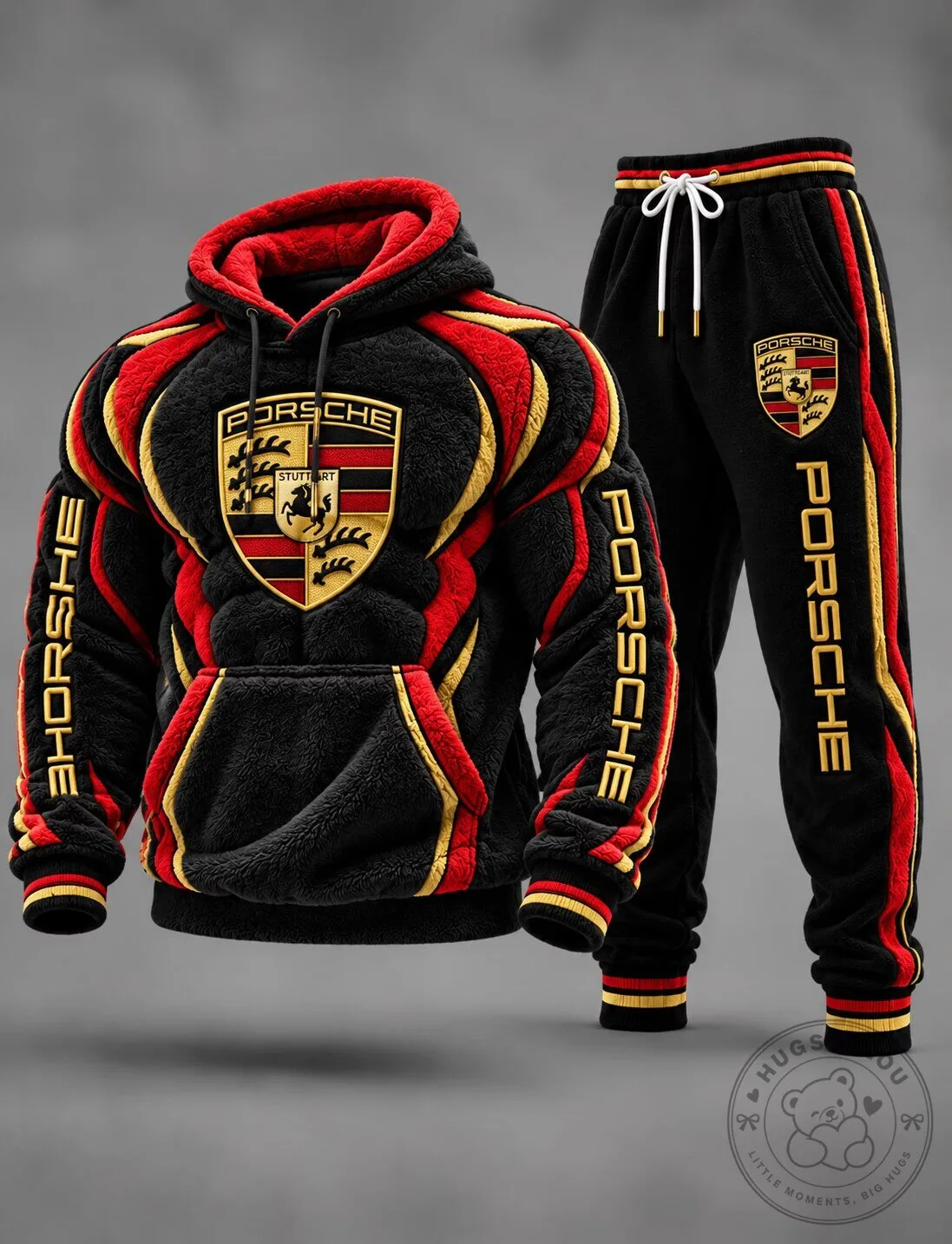 Porsche Black and Red Plush Hoodie and Sweatpants Set for Men