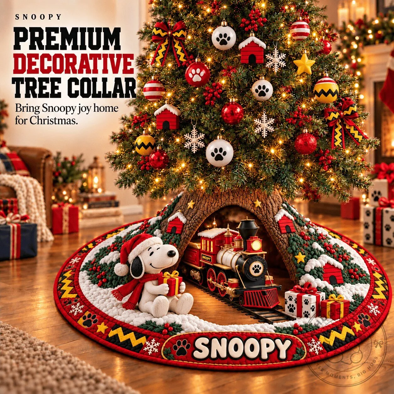 Snoopy Christmas Tree Collar with Train and Doghouse Decorative Base