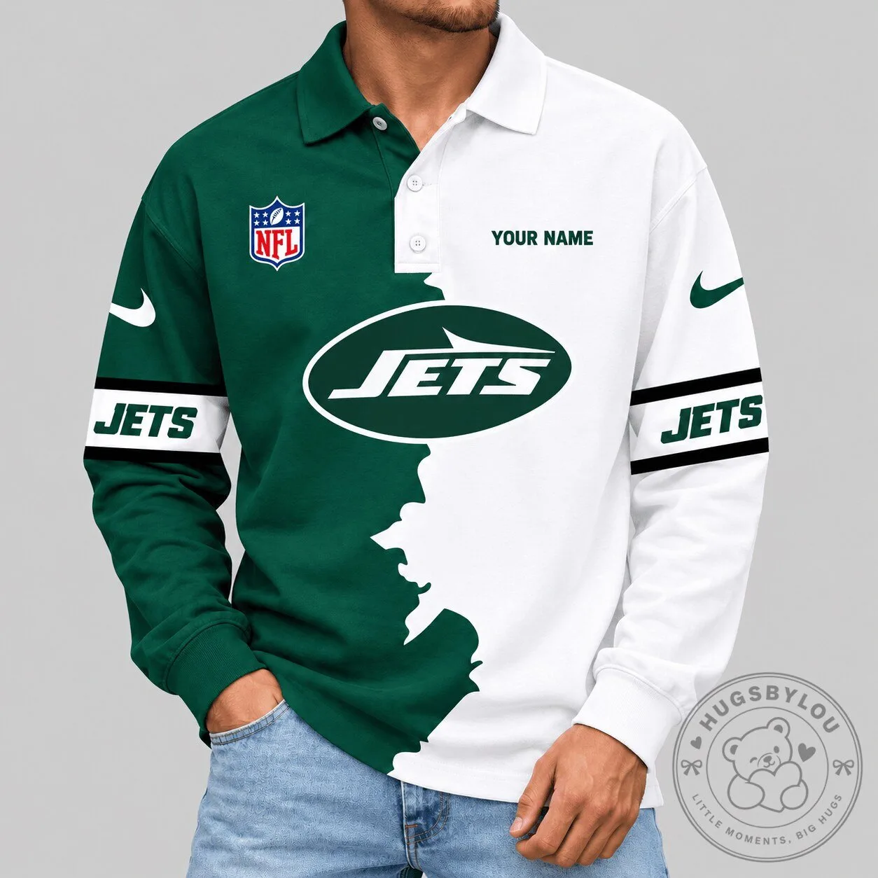 New York Jets NFL Split Panel Long Sleeve Polo Shirt Custom Name