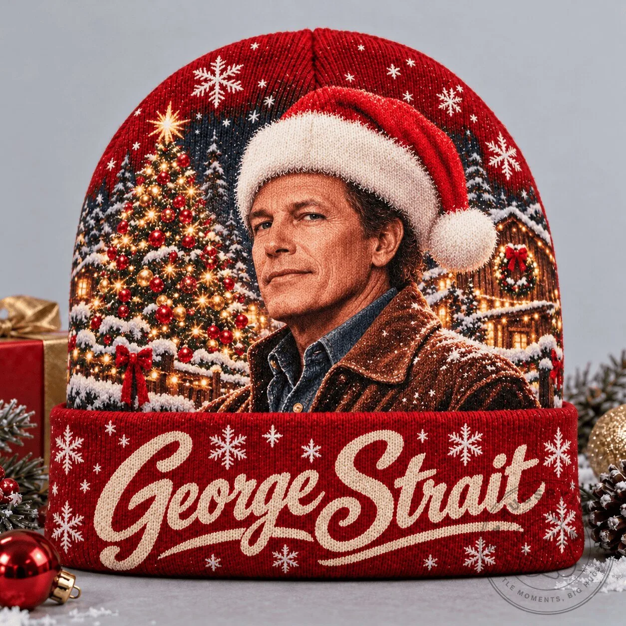 George Strait Christmas Portrait Winter Snowflake Knit Beanie Hat