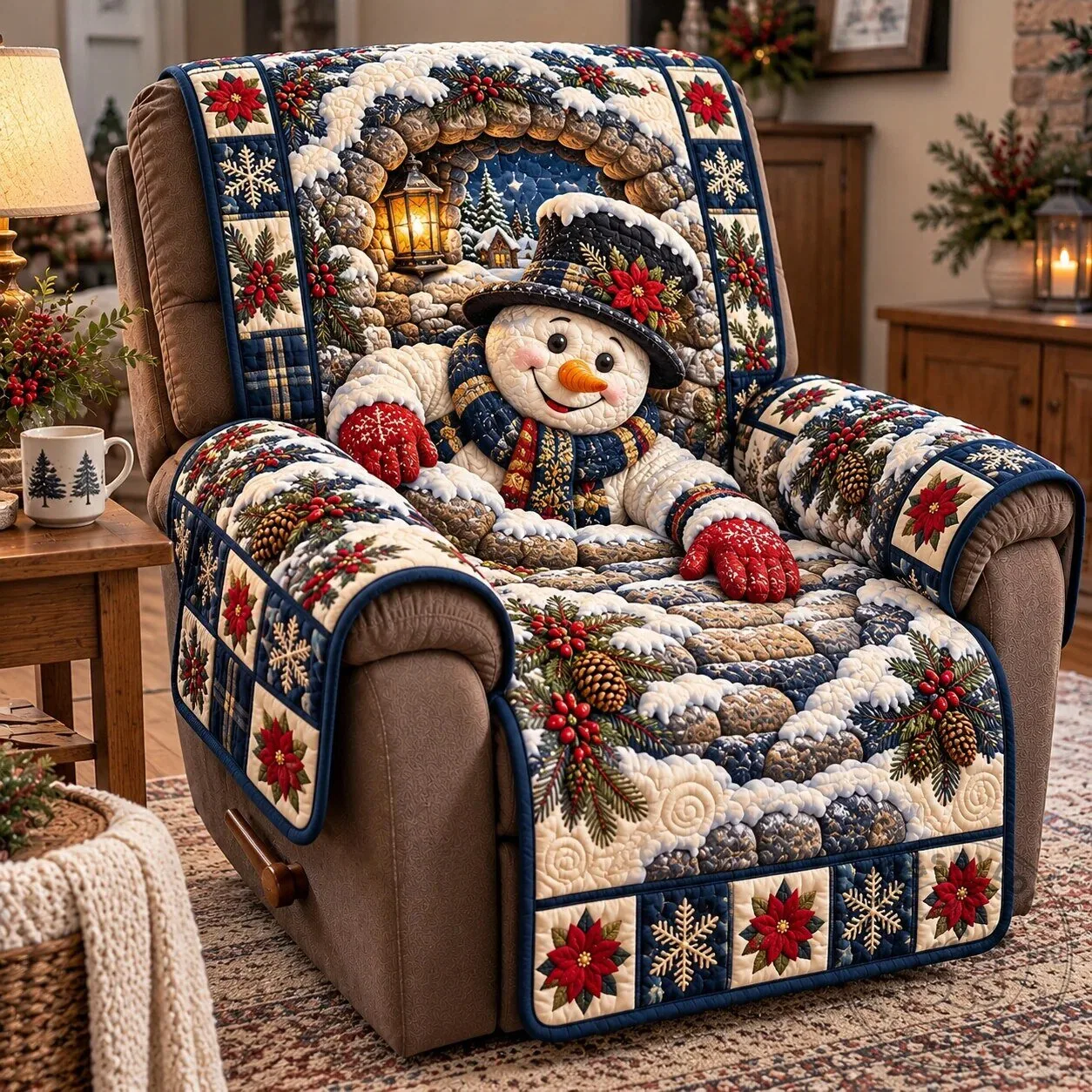 Christmas Snowman Winter Wonderland Quilted Recliner Chair Cover